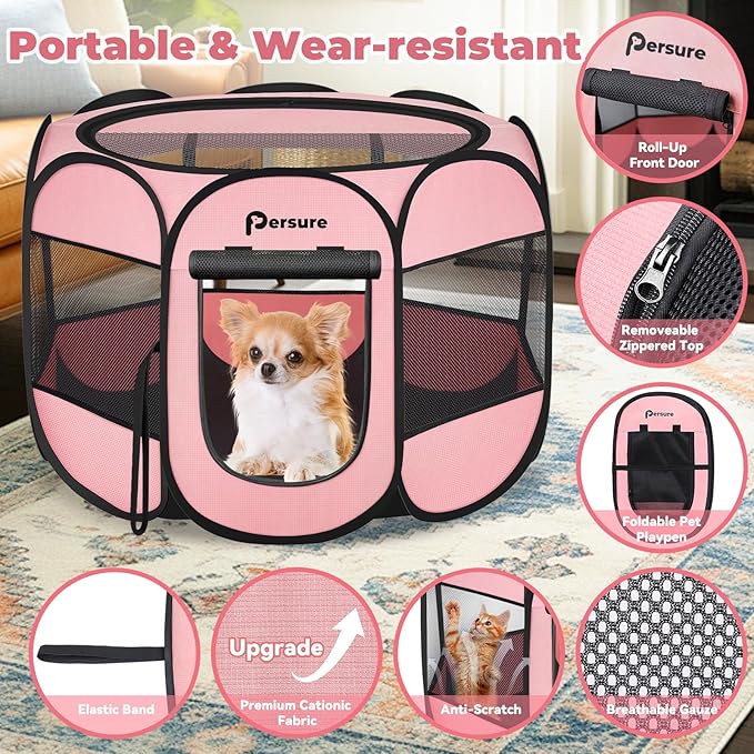Dog Cat Playpen Indoor Outdoor for Puppy Pet Dog Cat Recovery After Surgery, Dog Tent Crates Cage Indoor/Outdoor, Portable Pop Up Dog Kennel with Carrying Case for Travel (Premium Pink, Small)