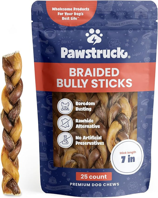 Pawstruck Natural 7” Braided Bully Sticks for Dogs - Tough Long Lasting, Rawhide Free, Low Odor, Healthy Single Ingredient Chew Treat for Aggressive Chewers - 25 Count - Packaging May Vary