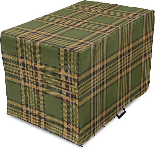 Lunarable Plaid Dog Crate Cover, Tartan Pattern in Autumn Tones Old Fashioned Design Country Illustration, Easy to Use Pet Kennel Cover for Medium Large Dogs, 48 Inch, Olive Green Mustard