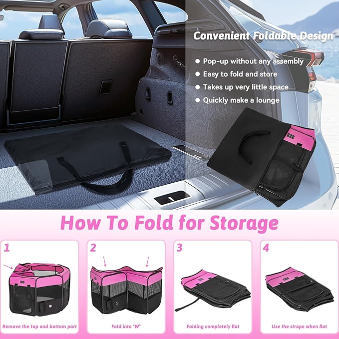 PETSFIT Portable Dog Playpen, 29" Dia Puppy Playpen with Zipper Removable Mesh Top Cover and Leakproof Playpen Bottom Mat-Cat Playpen Indoor/Outdoor for Cats,Dogs&Small Animals