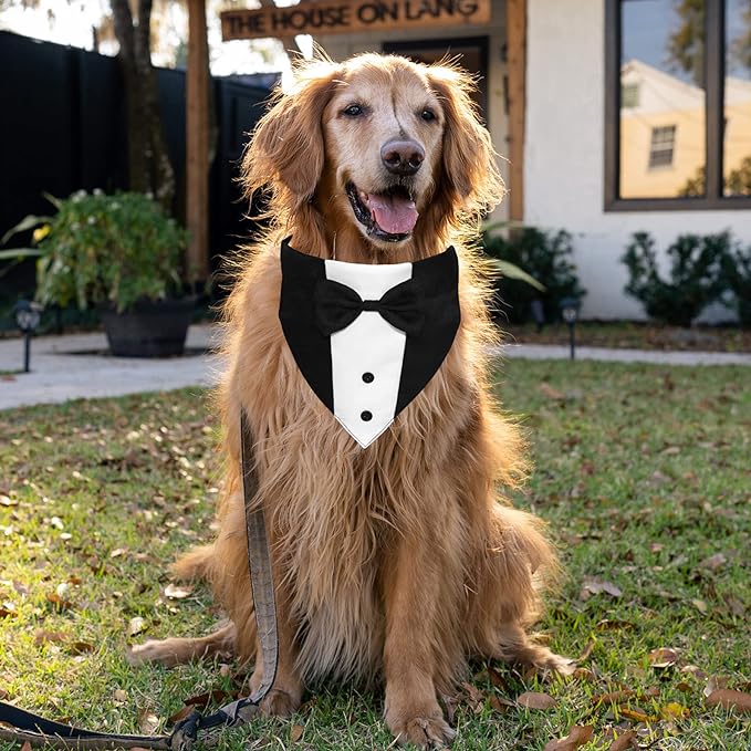 Dog Tuxedo Suit Wedding Bandana Collar with Bow Tie, Adjustable Formal Dog Tux, Engagement Birthday Tuxedo for Small Medium Large Dogs Pets (Large: Neck 15”-25”)