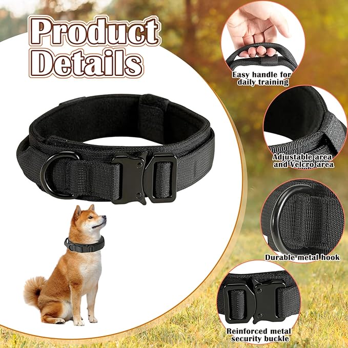 Tactical Dog Collar and Leash Set, Adjustable Military Nylon Dog Bungee Leash and Collar with Handle and Heavy Metal Buckle, Dog Training Collar Leash Set for Medium Large Dog (M, Black)