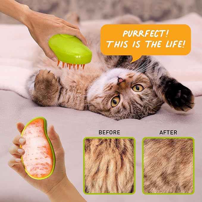 Cat Steam Brush 3 in 1 for Shedding Massage & Dirt Removes Loose Tangled & Static Fur | Short & Long Haired Pet | Misting Water Grooming Comb w Soft Bristles | Self Cleaning Dog Spray & Steamy Brush