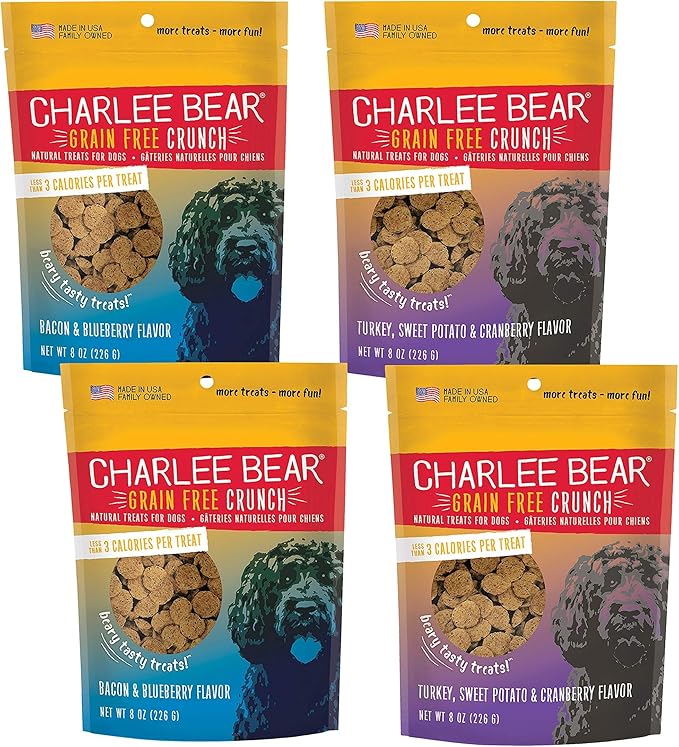 Charlee Bear Dogs Training Treat, Crunchy, Low Calorie, Grain Free Dog Treats, Made in USA, Best for Small and Medium Breeds, Bacon Blueberry & Turkey Sweet Potato Cranberry, 4 Pack 8oz Each