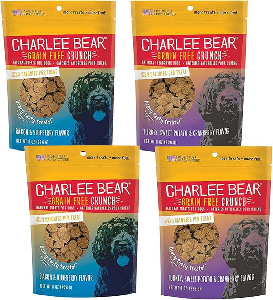 Charlee Bear Dogs Training Treat, Crunchy, Low Calorie, Grain Free Dog Treats, Made in USA, Best for Small and Medium Breeds, Bacon Blueberry & Turkey Sweet Potato Cranberry, 4 Pack 8oz Each
