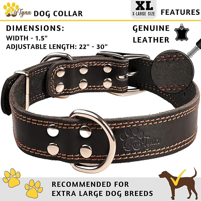 ADITYNA Heavy Duty Leather Dog Collar for Extra-Large Dogs - Soft and Strong Leather Dog Collar for XL Dog Breeds (Extra-Large: Fit 22" - 30" Neck, Black)