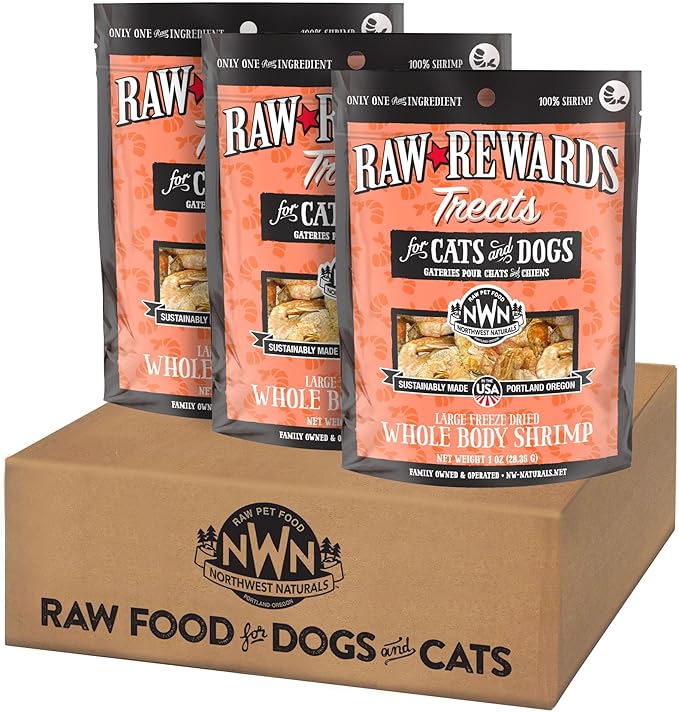 Northwest Naturals Raw Rewards Freeze-Dried Shrimp Treats for Dogs and Cats - Bite-Sized Pieces - Healthy, 1 Ingredient, Human Grade Pet Food, All Natural - 1 Oz (Pack of 3)