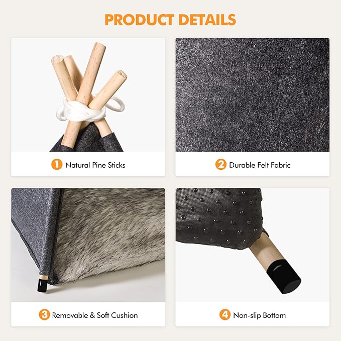 Pet Teepee Tent for Cats and Small Dogs - Cozy Portable Cat Dog House with Thick Cushion Washable for Indoor Outdoor Use