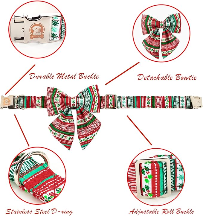 MR. CHUBBYFACE Christmas Plaid Dog Collar for Boy Girl Dogs Adjustable Red Green Dog Collar Sailor Bow tie for Small Medium Large Dogs