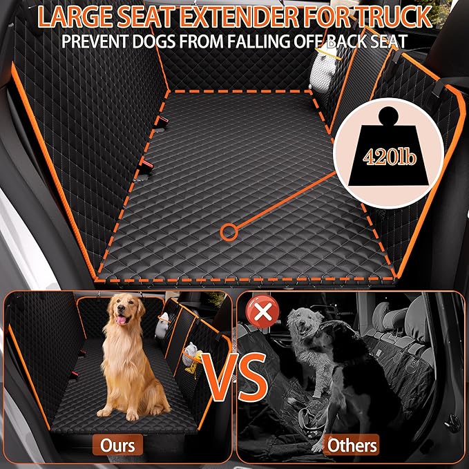 Back Seat Extender for Dogs Hard Bottom Holds 420LBS,Waterproof Dog Hammock for Car Dog Car Bed,Dog Car Seat Cover for Back Seat with Mesh Window and Storage Pocket for Car, SUV,Truck