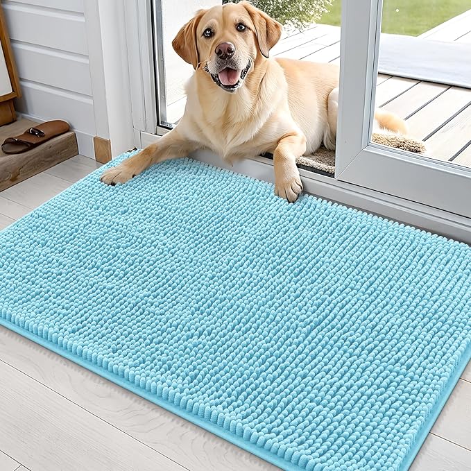 OLANLY Dog Door Mat for Muddy Paws 36x24, Absorbs Moisture and Dirt, Absorbent Non-Slip Washable Mat, Quick Dry Chenille, Mud Mat for Dogs, Entry Indoor Door Mat for Inside Floor, Blue