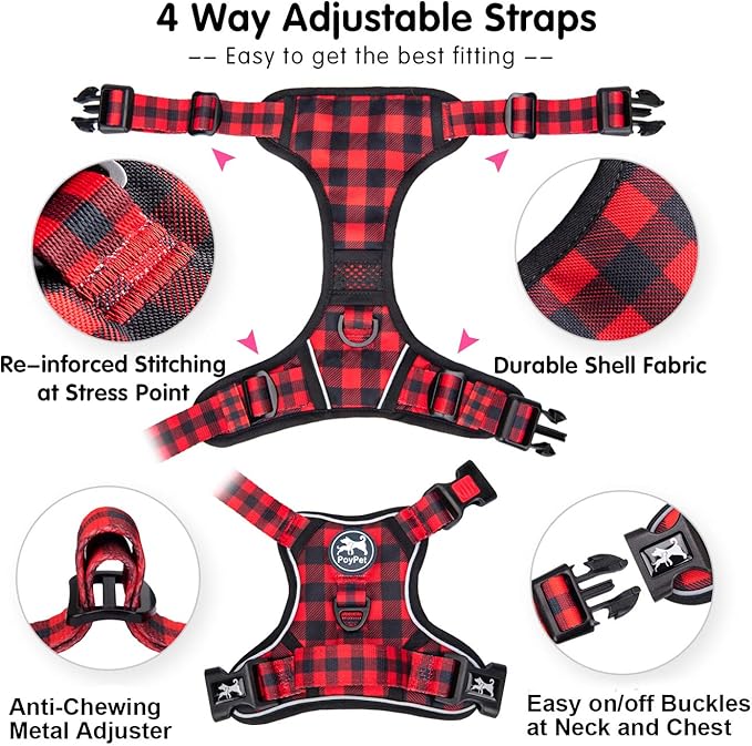 PoyPet No Pull Dog Harness, [Release at Neck] Reflective Adjustable No Choke Pet Vest with Front & Back 2 Leash Attachments, Soft Control Training Handle, Plaid(Checkered Red, S)