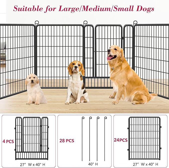 Dog Playpen 40 inch Dog Fence for Outdoor Indoor Use Heavy Duty Metal Dog Pen for Large Dogs, Rustproof Pet Playpen Portable Pet Fence Outdoor for Yard, RV Camping, Customizable, 28 Panels