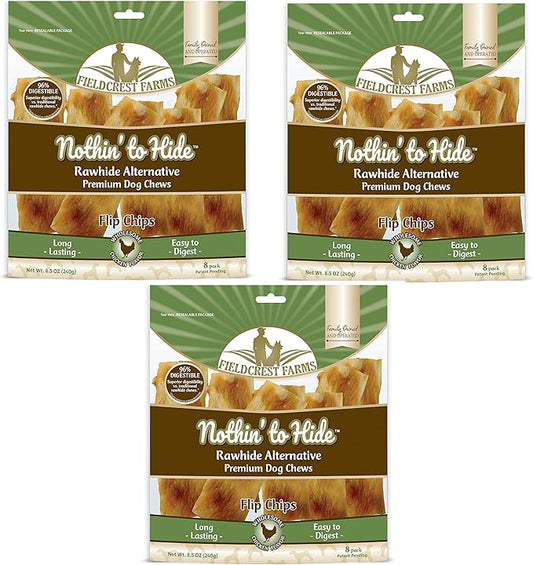 Fieldcrest Farms Nothin to Hide Flip Chips Dog Chews - All Natural Rawhide Alternative Treats for Dogs, Chicken, Beef or Peanut Butter Flavor Snack for All Breed Dogs - 3 Pack (Chicken)