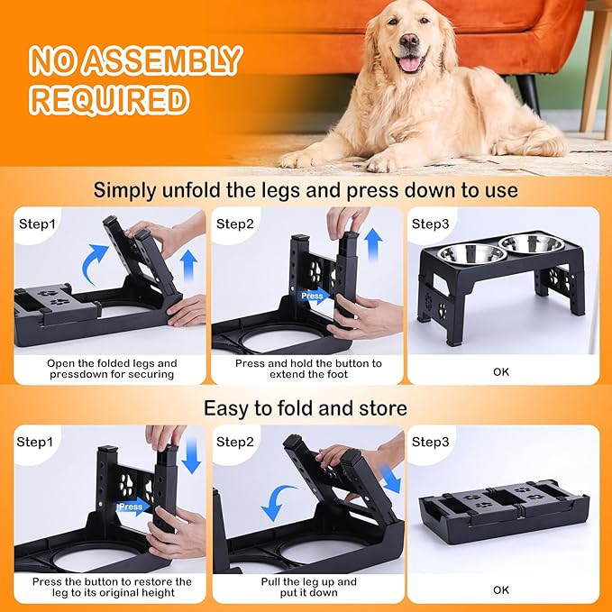 Elevated Dog Bowls, Raised Dog Bowl with 2 Stainless Steel Dog Food Bowls, Dog Bowls Stand Adjusts to 5 Heights 2.95", 8.46", 9.65", 10.82", 12.01" for Small Medium Large Dogs Cats Pets,Black