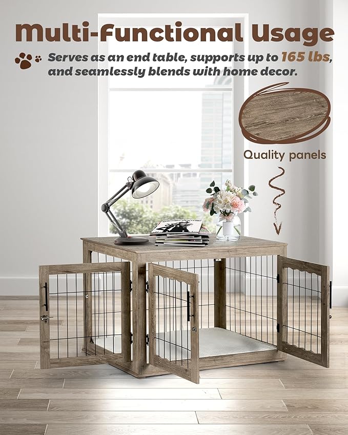 Dog Crate Furniture, 38 inch Large Dog Crates with Bed Mat, Wooden Dog Kennel Furniture, End Side Table Dog Cage with 3 Doors, Greige