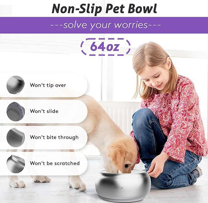 COKTIK Dog Bowl, Insulated Stainless Steel Food Bowls for Dogs & Cats, Non-Slip Dog Bowls Water Bowl Large Breed, Easy to Clean, Durable and Dishwasher Safe (64oz, Silver)