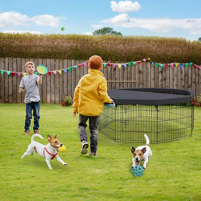 Artmalle Puppy Pet Playpen 8 Panel 24 Inch Indoor Outdoor Metal Portable Folding Animal Exercise Dog Fence Ideal for Pet Animals Dog Cat Rabbit Breed Puppy with Top Cover (Black with Top Cover)
