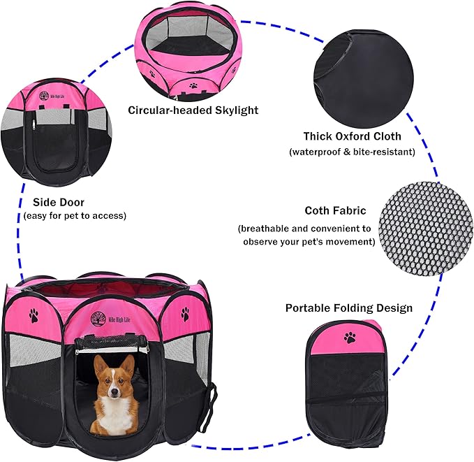 Mile High Life | Foldable Dog Playpen | Portable Dog Crate w Removable Shade Cover | Dog Kennel Indoor/Outdoor w Carry Case | Pen Tent for Dog/Cat/Rabbit(Hot Pink, Medium (36"x36"x23"))