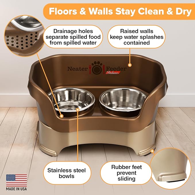 Neater Feeder Deluxe Mess Proof Dog Bowls Elevated Medium Sized Dog Breed – Made in USA – No Spill Raised Dog Food Bowl Stand – Stainless Steel Food and Water Bowl Set, Pet Feeding Station, Bronze