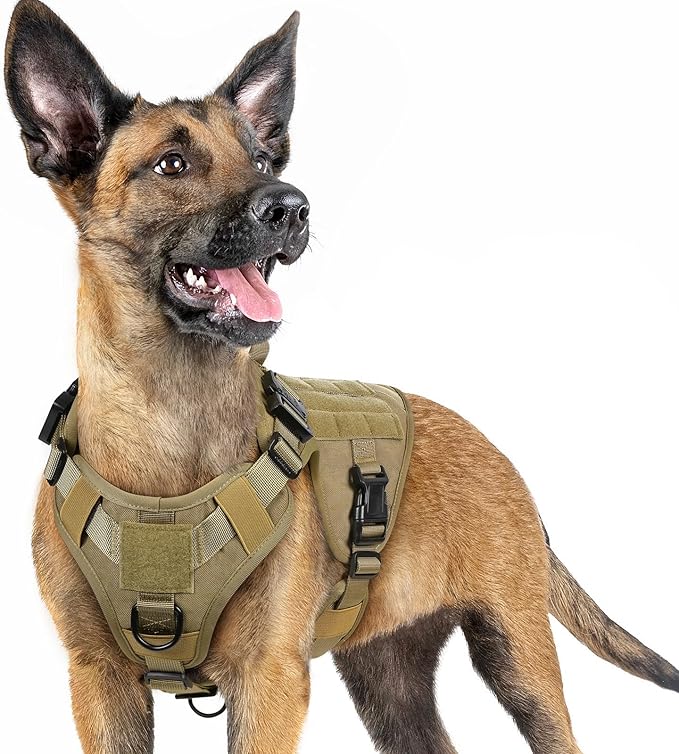 rabbitgoo Tactical Dog Harness for Large Dogs, Heavy Duty Dog Harness with Handle, No-Pull Service Dog Vest Large Breed, Adjustable Military Dog Vest Harness for Training Hunting Walking, Brown, S