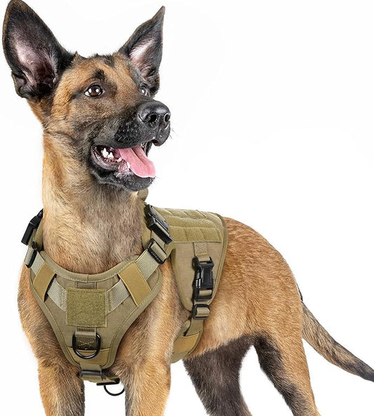 rabbitgoo Tactical Dog Harness for Large Dogs, Heavy Duty Dog Harness with Handle, No-Pull Service Dog Vest Large Breed, Adjustable Military Dog Vest Harness for Training Hunting Walking, Brown, S