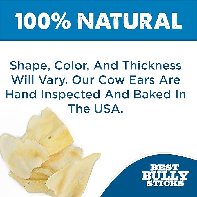 Best Bully Sticks All-Natural Thick-Cut Cow Ears for Small, Medium and Large Dogs - 100% Natural Free-Range Grass-Fed Beef Single Ingredient High Protein, Easily digestible Dog Chew Treats - 12 Pack