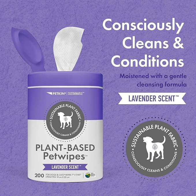 Petkin Plant-Based PetWipes, 200 Wipes - Biobased, Sustainable, Big & Thick Pet Wipes for Dogs & Cats - for Face, Paws, Ears, Body & Eye Area - Consciously Cleans & Conditions - Lavender