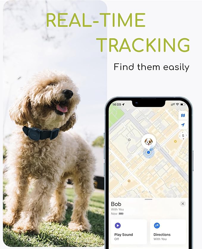 Dog Tracker, TRESBUNNY Smart Dog Collar with Real-time Pet Location, Cat Tracker Collar (iOS Only), No Monthly Fee & Long Battery Life, Works with Find My, Ideal for Dog/Cat (Black)