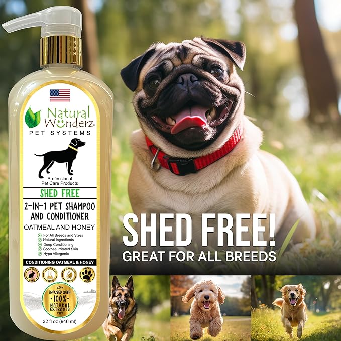 Pet Shampoo & Conditioner, Shed Free 2-in-1, Oatmeal and Honey, Hypoallergenic, Vegan, Natural Extract, for Healthy Skin & Coat, 32 Fl Oz, for Dry Itchy Skin, All Breeds, by Natural Wunderz