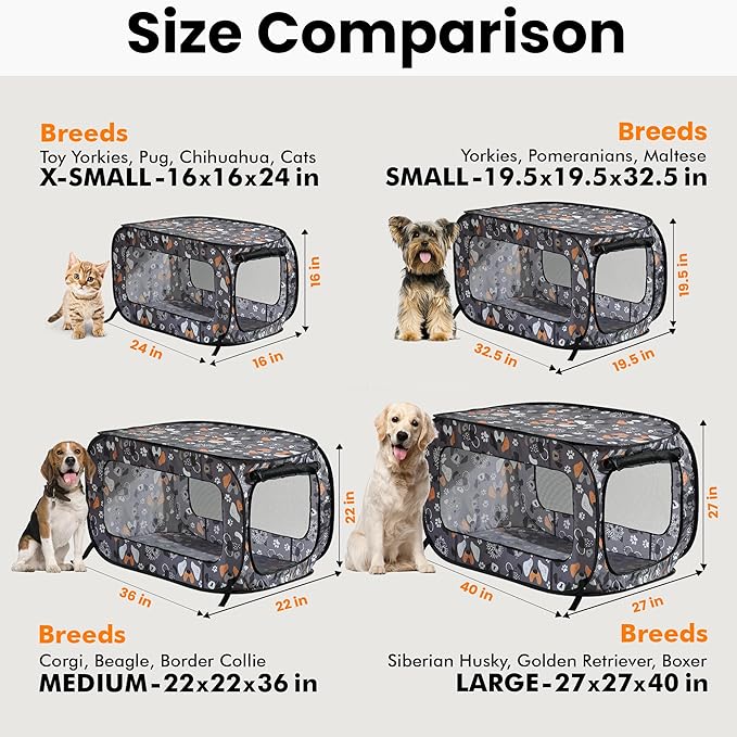 Beatrice Home Fashions Portable, Collapsible, Pop Up Kennel Travel Cat and Dog Crate, 24" L x 16.6" W x 16" H, Face of Love