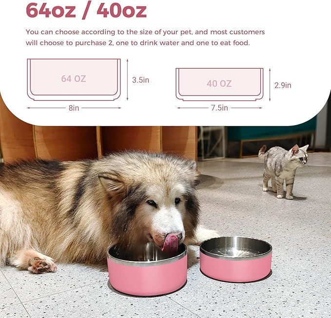 Dog Bowl, Stainless Steel Dog Food and Water Bowl with Non Slip Quiet Bottom, Easy to Clean, Dishwasher Safe, 40oz, Pink