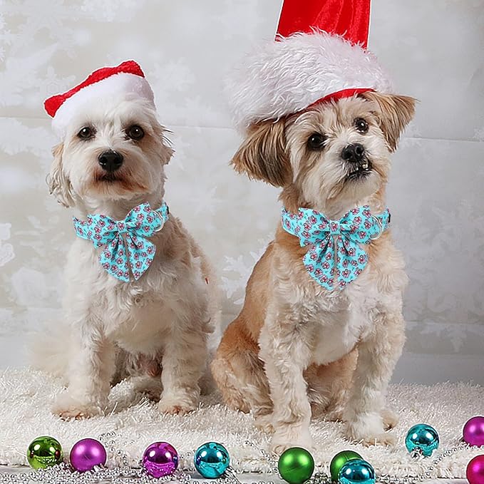 MR. CHUBBYFACE Christmas Dog Collar with Bow, Blue Senta Claus Pattern Dog Collar with Metal Buckle Cute Boy Girl Pet Collars for Puppy Small Medium Large Dogs