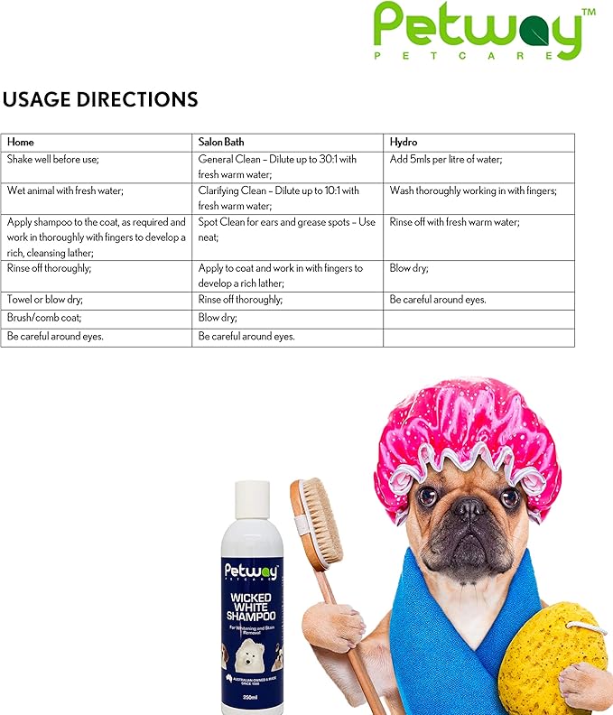 Petcare Wicked White Whitening & Stain Removal Shampoo for Dogs with White Coat, Deep Cleanse to The Coat & Skin, Free of Phosphates & Parabens, pH Balanced, Removes Dirt & Odor, 250ml