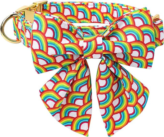 Lionet Paws Rainbow Dog Collar with Sailor Bow, Soft and Comfortable Adjustable LGBT Pride Collar for Dogs, Medium, Neck 13.5-22 inches