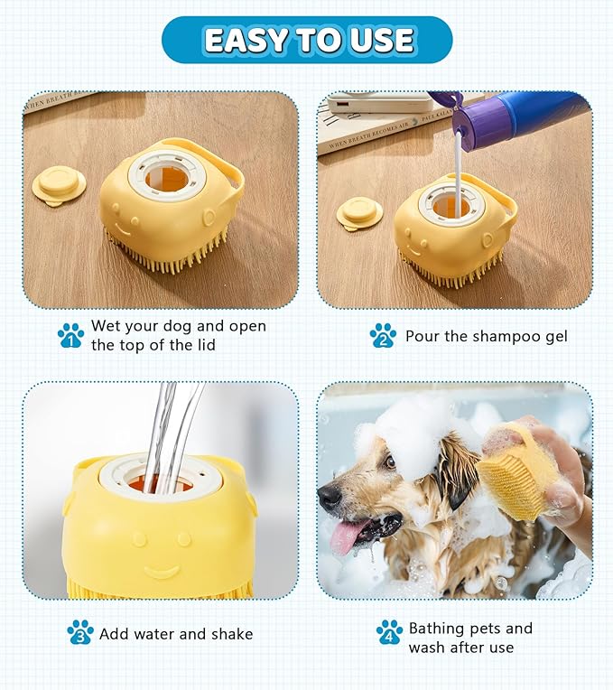 4PCS Dog Bath Brush – Soft Silicone Pet Grooming & Shampoo Scrubber for Dogs and Cats, Massage Brush for Bathing & Cleaning (Yellow & Blue)