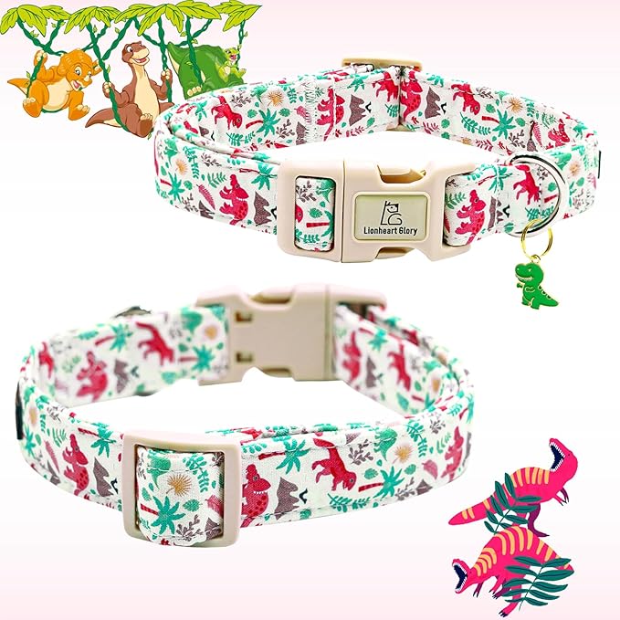 Lionheart glory Dog Collar, Dinosaurs Print Dogs Collar Adjustable Soft Comfortable Collars for Small Dogs Girl or Boy Pet Gift Cute Spring Summer Collar