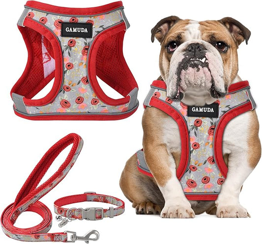GAMUDA Small Dog Harness Collar and Leash Set, Step in No Chock No Pull Soft Mesh Adjustable Dog Vest Harnesses Plaid Reflective for Dogs Puppy Cats Kitten Rabbit (Red Flower, XL)