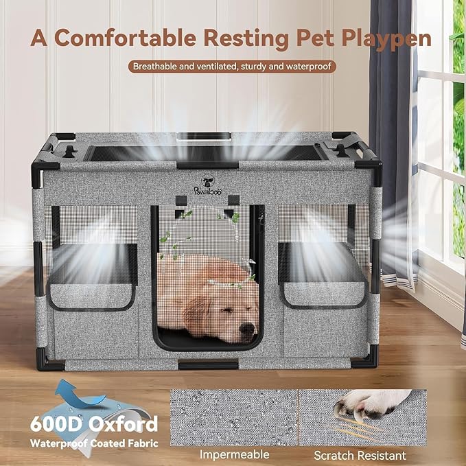 Cat Dog Playpen, 91x61x61cm Portable Puppy Playpen Dog Play Pen Indoors with Cover and Gate, Tear Resistant Thickened Fabric Waterproof Bottom Breathable Mesh Dog Fence, Gray & Black