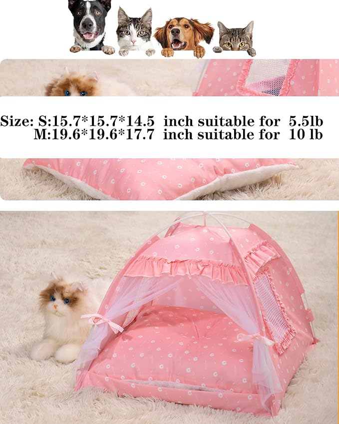 Cat Princess Bed Tent House - Kitty Cute Tent Indoor,Small Dog House Indoor/Outdoor Cave Nest Bed Small Dog Tent for Cat,Puppy Tent (15.7"x15.7"x14.5"/Pink)