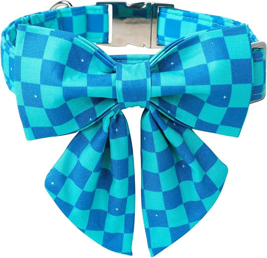 Maca Bates Plaid Blue Dog Collar with Checkered Bow Bowtie for Grid Dogs Bows Tie Adjustable Breakaway Collars Birthday Gift Colar for Small Medium Large XL Girl Boy Male Female Puppy Pets
