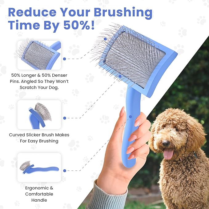 We Love Doodles Dog Slicker Brush for Grooming Pet Hair - Best Brushes For Poodle & Golden Doodle - Long Haired Brush For Dogs - Goldendoodle Long Pin Comb For Dematting (Medium Curved)
