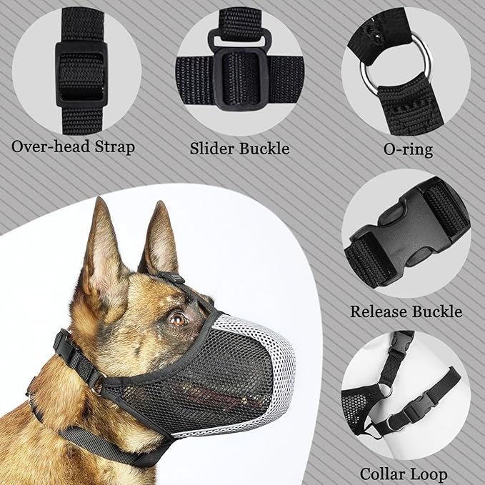 Mayerzon Dog Muzzle, Patented Mesh Soft Muzzle for Large Medium Small Dogs for Scavenging Grooming Biting Chewing, Breathable Reflective Doberman Husky Muzzle with Collar for Labrador Retriever Poodle