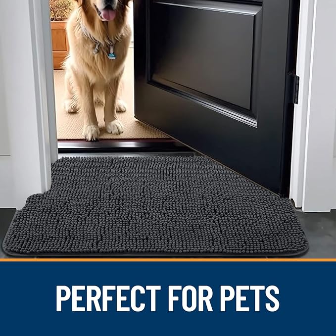 OLANLY Dog Door Mat for Muddy Paws 48x30, Absorbs Moisture and Dirt, Absorbent Non-Slip Washable Mat, Quick Dry Chenille, Mud Mat for Dogs, Entry Indoor Door Mat for Inside Floor, Dark Grey