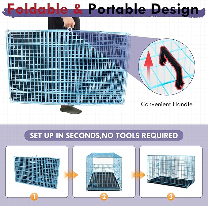 PayLessHere Large Dog Crate Kennel for Medium Large Dogs 30 inches Metal Dog Cage Double-Door Folding Travel Indoor Outdoor Puppy Playpen with Divider and Handle Plastic Tray,Blue
