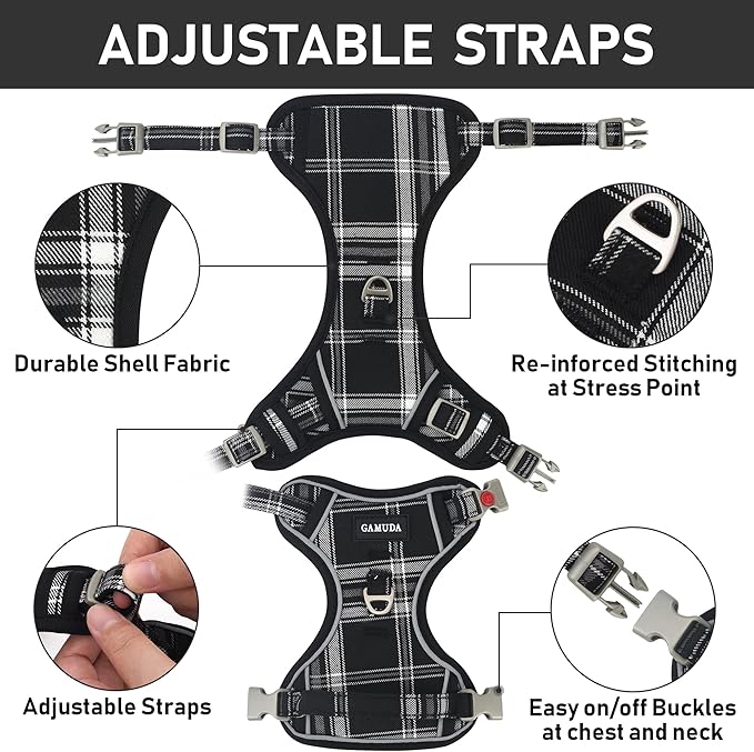 GAMUDA Dog Harness Collar and Leash Set, Horse Care Sheets, No Chock No Pull Adjustable Vest Harnesses Plaid Reflective for Medium Dog, Cat, Small Horse, Small Bull and Pig (Black, XS)