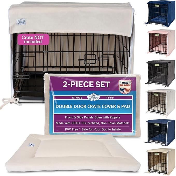 Pet Dreams Dog Crate Cover & Mat- Breathable Non-Toxic Kennel Topper for Double-Door Crates, Fits iCrate Dog Cages 18, 24, 30, 36, 42, 48 Inches (Ivory, Large, 36“)