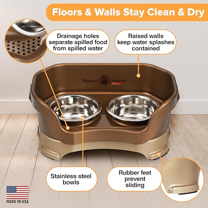 Neater Feeder Deluxe Mess Proof Cat Bowls Elevated for All Breeds – Made in USA – No Spill Raised Bowls for Indoor Cats – Stainless Steel Food and Water Bowl Set, Pet Dish Feeding Station, Bronze