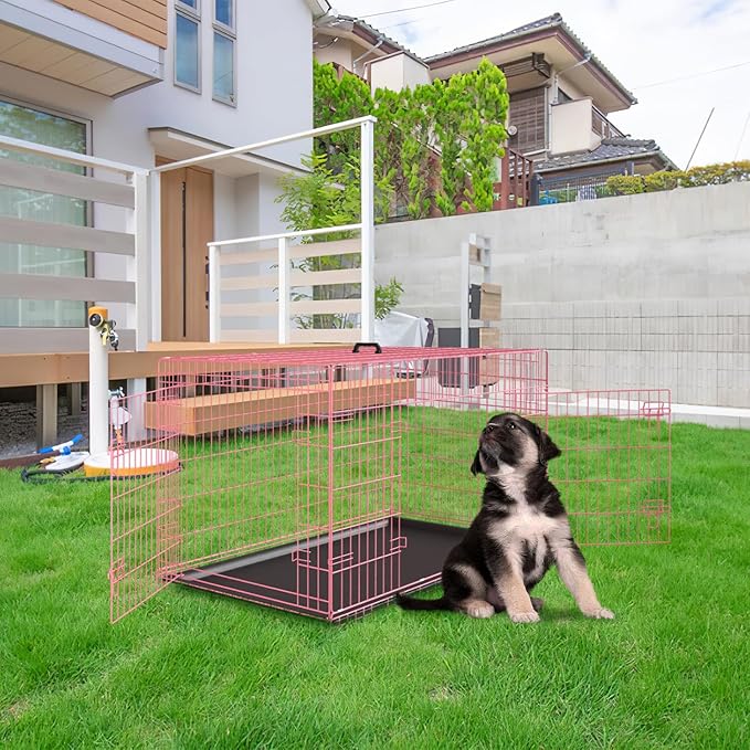 PayLessHere Large Dog Crate Kennel for Medium Large Dogs 24 inches Metal Dog Cage Double-Door Folding Travel Indoor Outdoor Puppy Playpen with Divider and Handle Plastic Tray,Pink