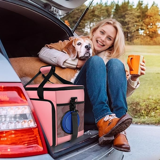 6 Set Dog Travel Bag, Large Pet Supplies for Dogs, Includes 2 Collapsible Dog Bowls, 2 Food Containers, 1 Treat Pouch with Pet Travel Bag, Pink